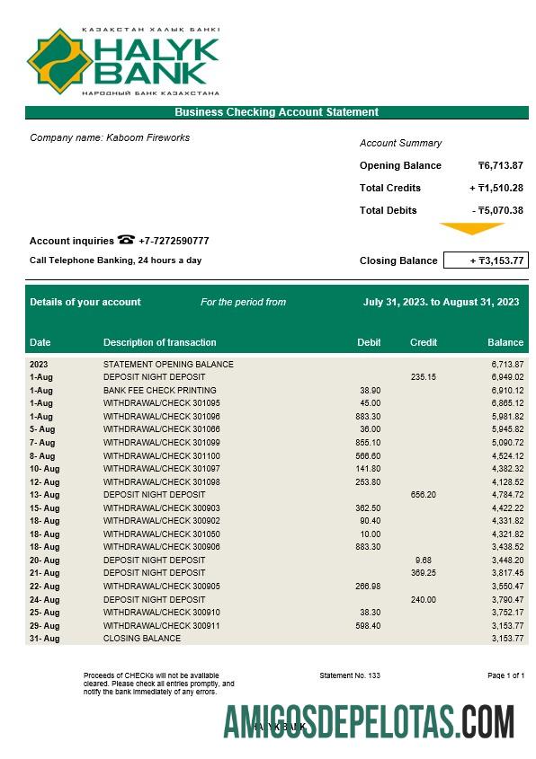 Em branco Halyk Bank Organization modelo de extrato de conta Word e PDF